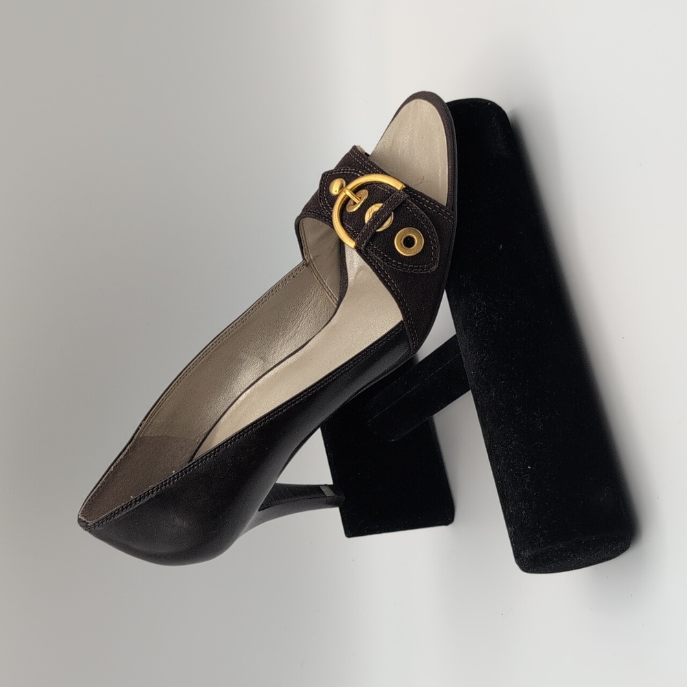 Talbots | Dark Brown Peep-Toe Heels with Gold Buckle